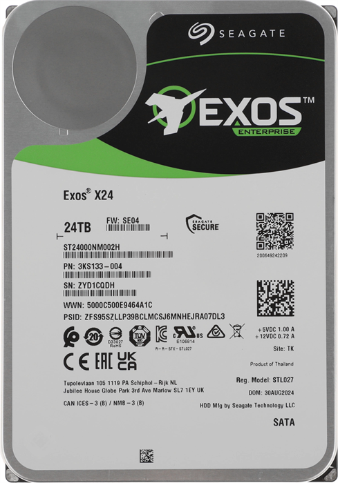 Жесткий диск Seagate SATA-III 24TB ST24000NM002H Exos X24 4KN (7200rpm) 512Mb 3.5" ST24000NM002H