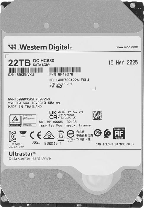 Жесткий диск WD SATA-III 22TB 0F48278 WUH722422ALE6L4 Server Ultrastar DC HC580 4KN (7200rpm) 512Mb  0F48278