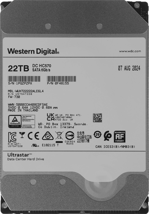Жесткий диск WD SATA-III 22TB 0F48155 WUH722222ALE6L4 Server Ultrastar DC HC570 512E (7200rpm) 512Mb 0F48155