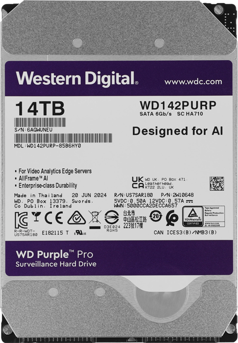 Жесткий диск WD SATA-III 14TB WD142PURP Surveillance Purple Pro (7200rpm) 512Mb 3.5" WD142PURP