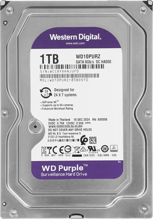 Жесткий диск WD SATA-III 1Tb WD10PURZ Surveillance Purple (5400rpm) 64Mb 3.5" WD10PURZ