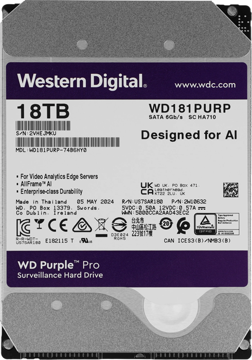 Жесткий диск WD SATA-III 18TB WD181PURP Surveillance Purple Pro (7200rpm) 512Mb 3.5" WD181PURP
