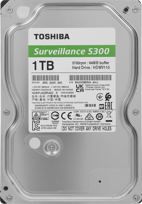 Жесткий диск Toshiba SATA-III 1Tb HDWV110UZSVA Surveillance S300 (5700rpm) 64Mb 3.5" HDWV110UZSVA