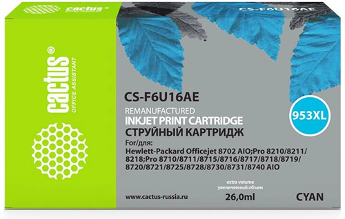 Картридж струйный Cactus CS-F6U16AE 953XL голубой (26мл) для HP OJ Pro 7740/8210/8218/8710/8715 с чи CS-F6U16AE