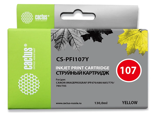 Картридж струйный Cactus CS-PFI107Y PFI-107 Y желтый (130мл) для Canon IP iPF670/iPF680/iPF685/iPF77 CS-PFI107Y