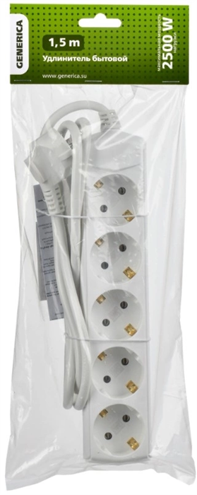 Сетевой удлинитель IEK У05 1.5м (5 розеток) белый (пакет ПЭ) WYP10-10-05-D15-Z-G