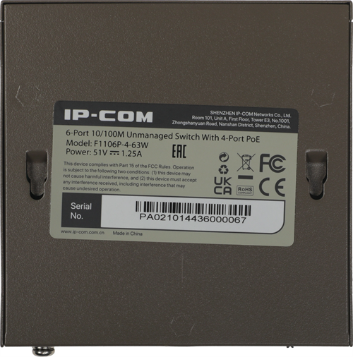 Коммутатор IP-Com F1106P-4-63W (L2) 6x100Мбит/с 4PoE 63W неуправляемый F1106P-4-63W