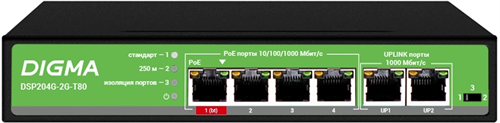 Коммутатор Digma DSP204G-2G-T80 (L2) 6x1Гбит/с 4PoE 4PoE+ 1PoE++ 80W неуправляемый DSP204G-2G-T80