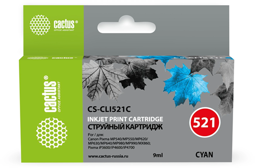 Картридж струйный Cactus CS-CLI521C голубой (9мл) для Canon MP540/MP550/MP620/MP630/MP640/MP660 с чи CS-CLI521C