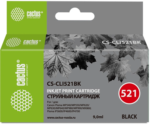 Картридж струйный Cactus CS-CLI521BK черный (9мл) для Canon Pixma MP540/MP550/MP620/MP630/MP640/MP66 CS-CLI521BK