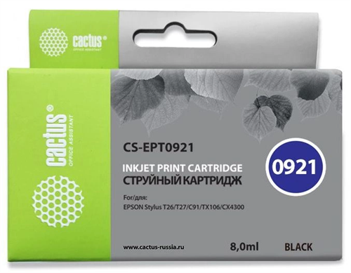 Картридж струйный Cactus CS-EPT0921 T0921 черный (8мл) для Epson Stylus C91/CX4300/T26/T27/TX106/TX1 CS-EPT0921