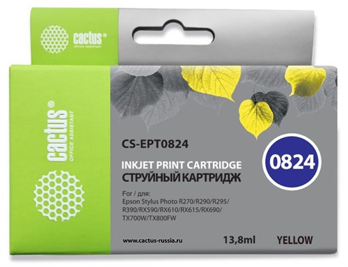 Картридж струйный Cactus CS-EPT0824 T0824 желтый (13.8мл) для Epson Stylus Photo R270/290/RX590 с чи CS-EPT0824