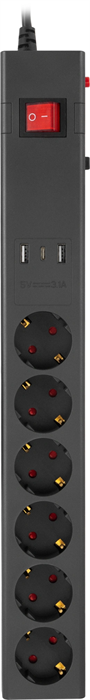 Сетевой фильтр Buro 600SE-1.8-USB-B 1.8м (6 розеток) черный (коробка) 600SE-1.8-USB-B