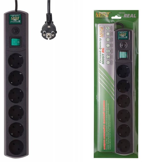 Сетевой фильтр Most RG 2м (6 розеток) черный (коробка) МОSТ RG-Ч 2М