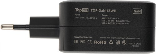 Блок питания TopON TOP-GaN-65WB автоматический 65W 5V-20V 3.25A от бытовой электросети LED индикатор 103205