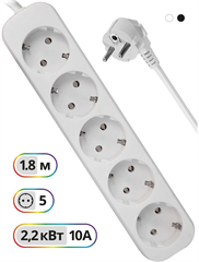 Сетевой удлинитель Defender E518 1.8м (5 розеток) белый (пакет ПЭ) 99229